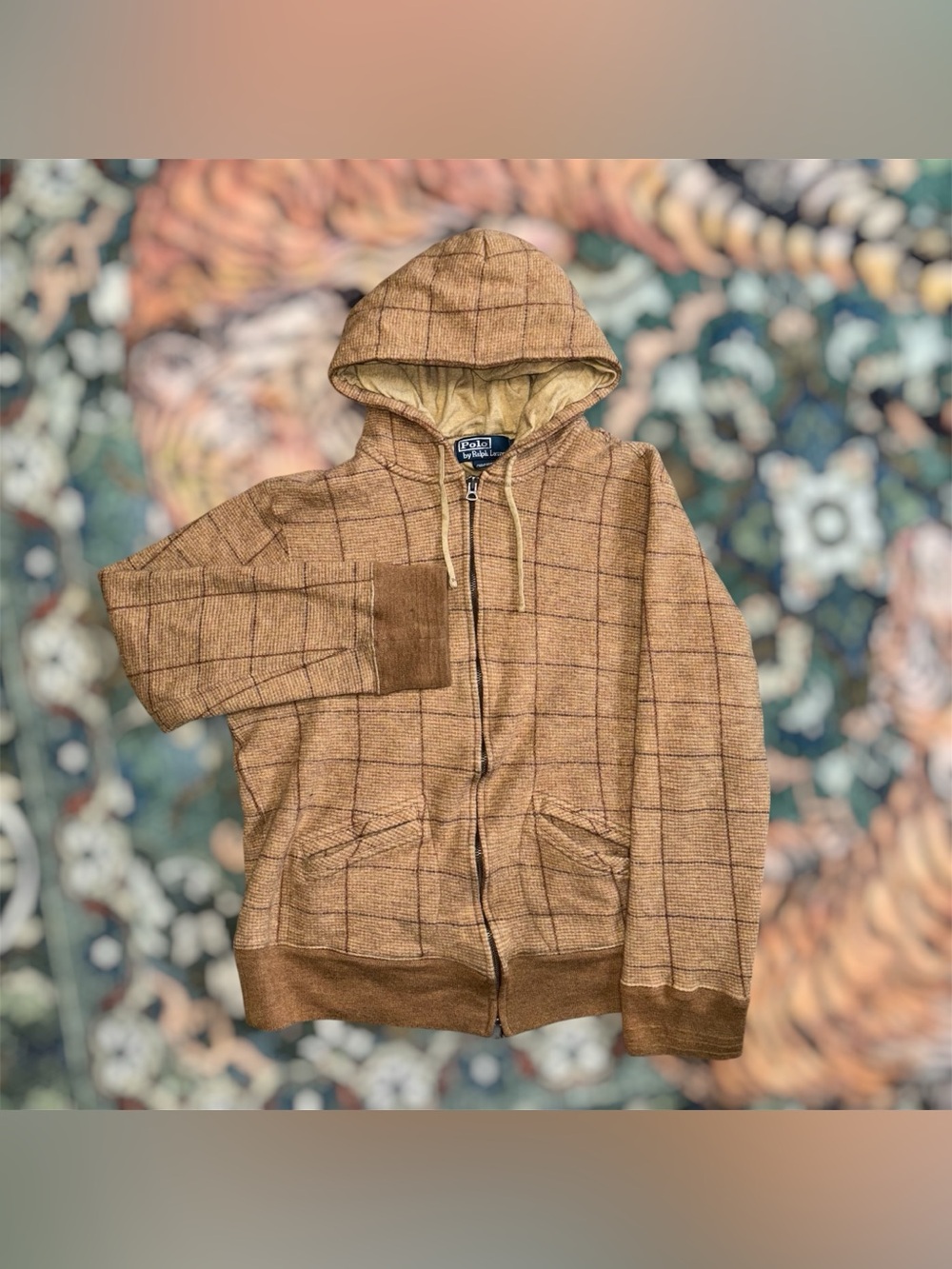 Vintage 90s Polo Ralph Lauren Wool Hoodie Full Zip Brown Plaid Jacket Sweatshirt